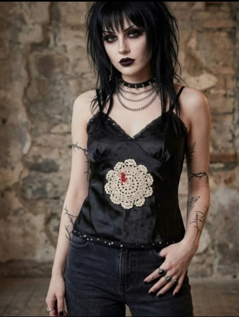 Spider in web Black cami tank top S upcycled goth Halloween Mortia
